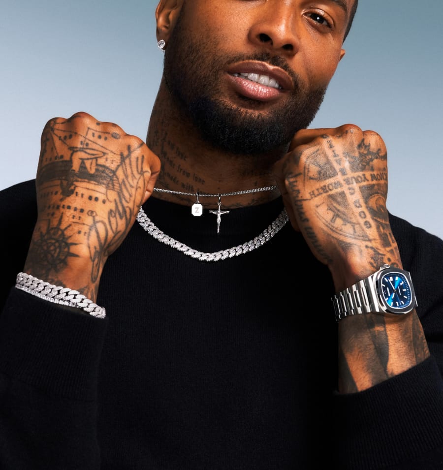Close-up of Odell Beckham Jr. wearing an iced out Cuban link chain