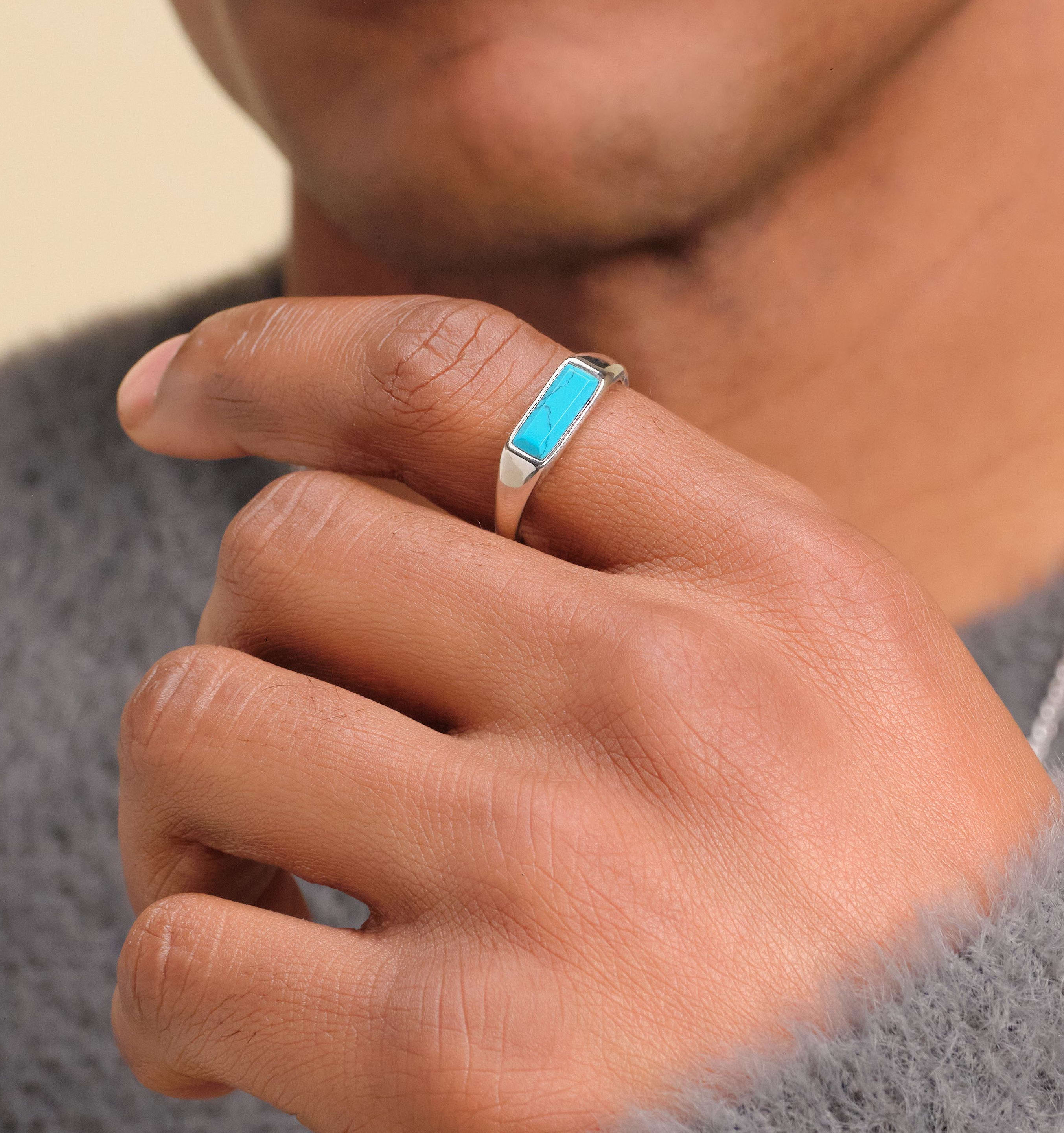 Image Beveled Turquoise Signet Ring - Silver - Vibrant Style
