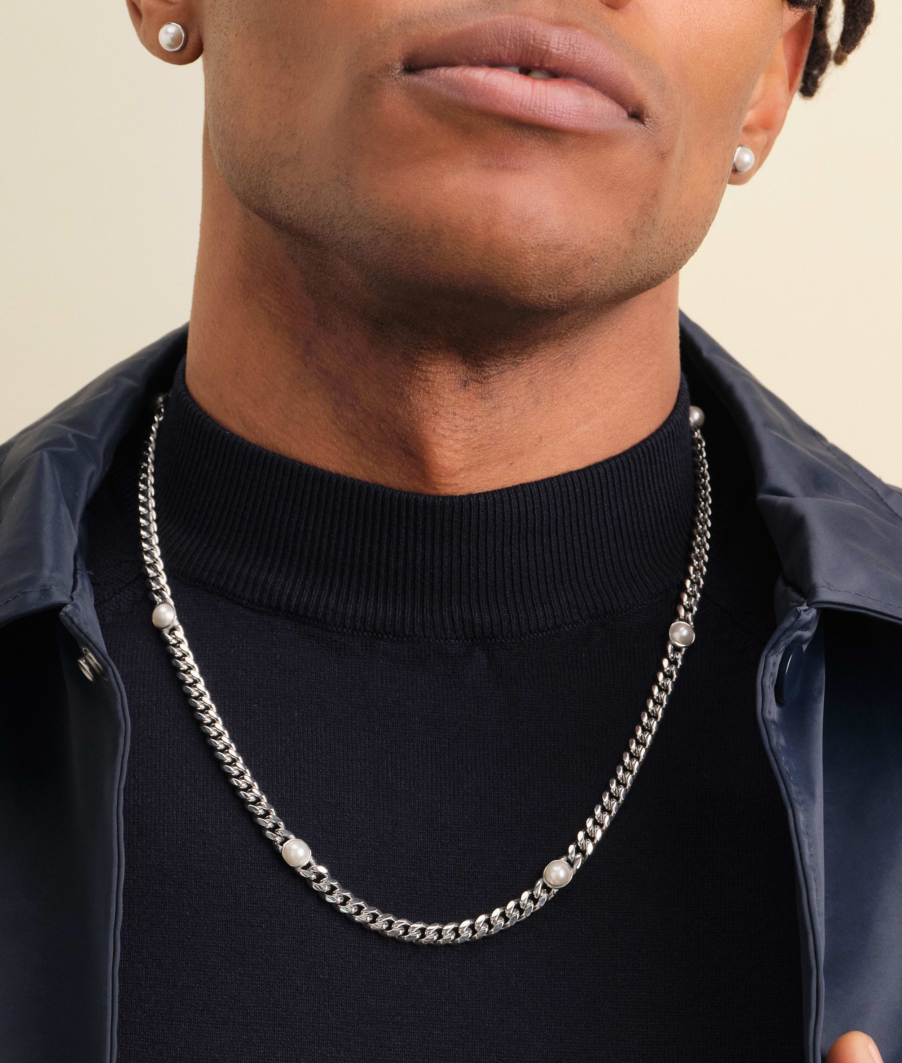 Image Cuban Link Pearl Inset Chain - Silver - Higher Quality Standards 