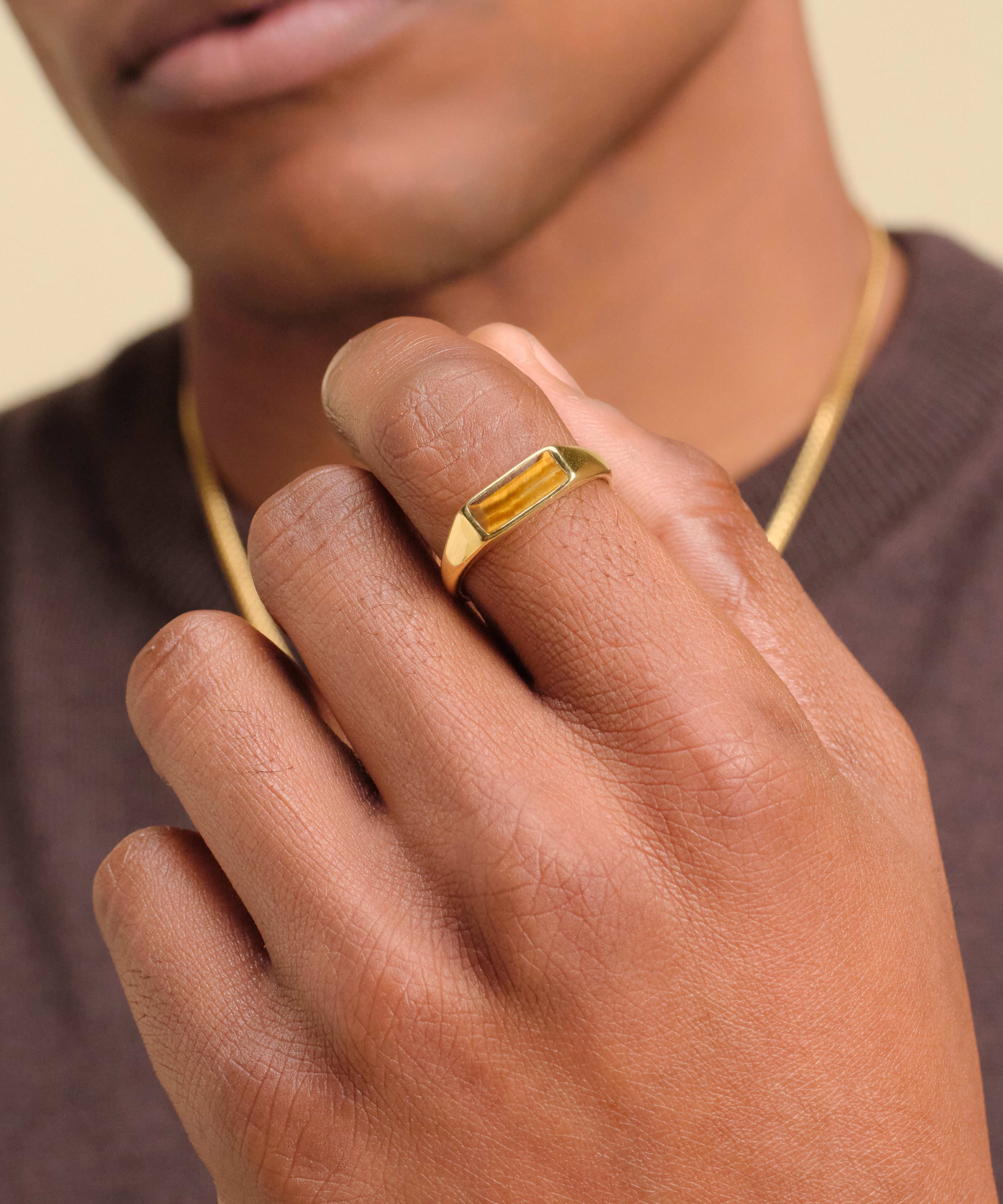Image Beveled Tiger's Eye Signet Ring - Gold - Fearless Style