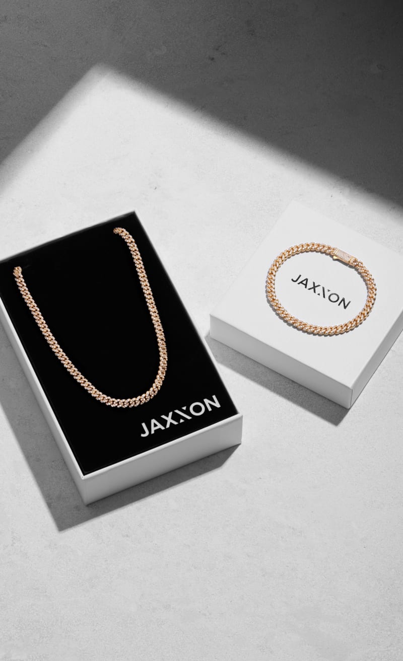 An overhead view of the JAXXON Gold Iced Out Cuban Essentials Set inside JAXXON packaging.