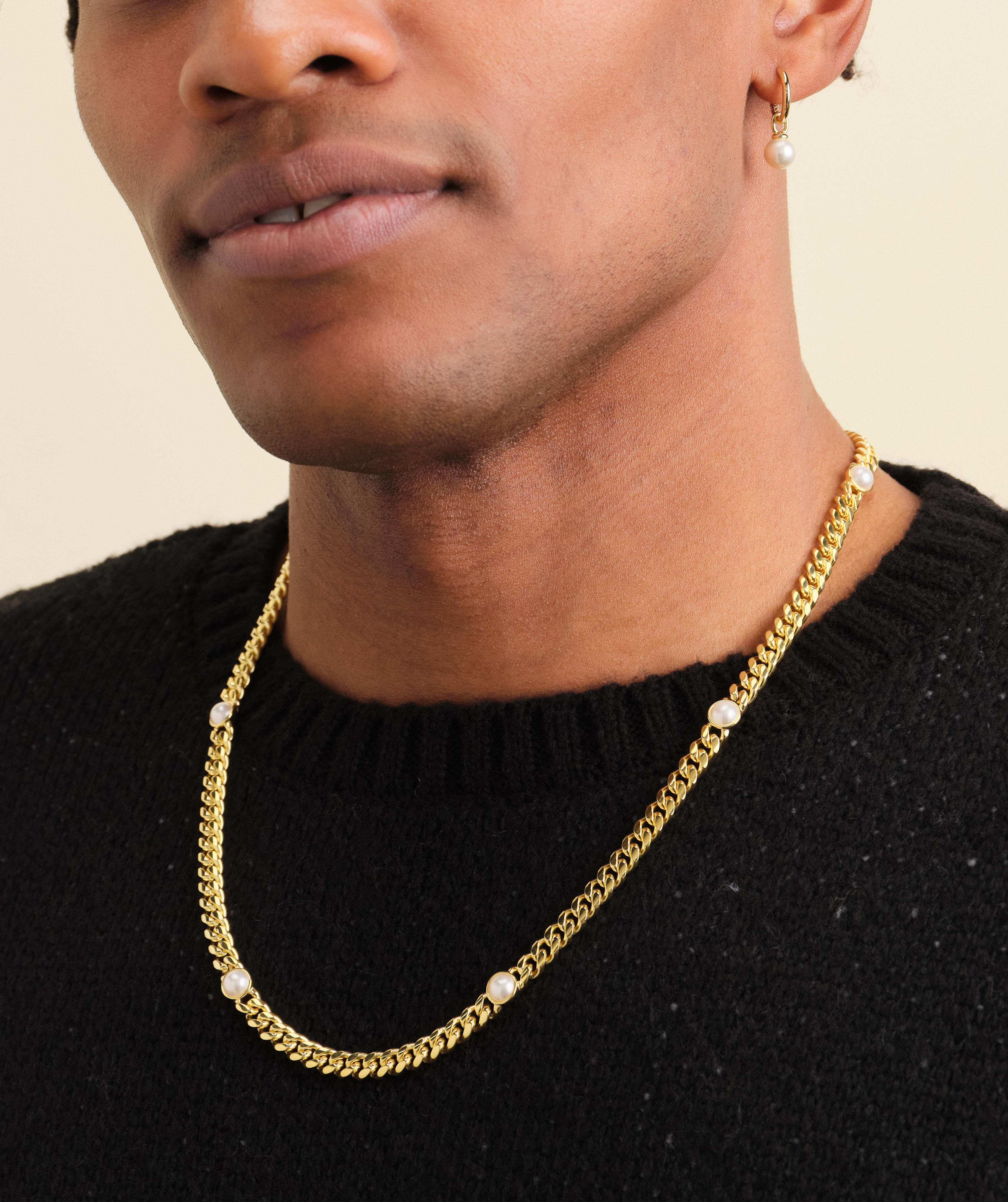 Image Cuban Link Pearl Inset Chain - Gold - Higher Quality Standards 