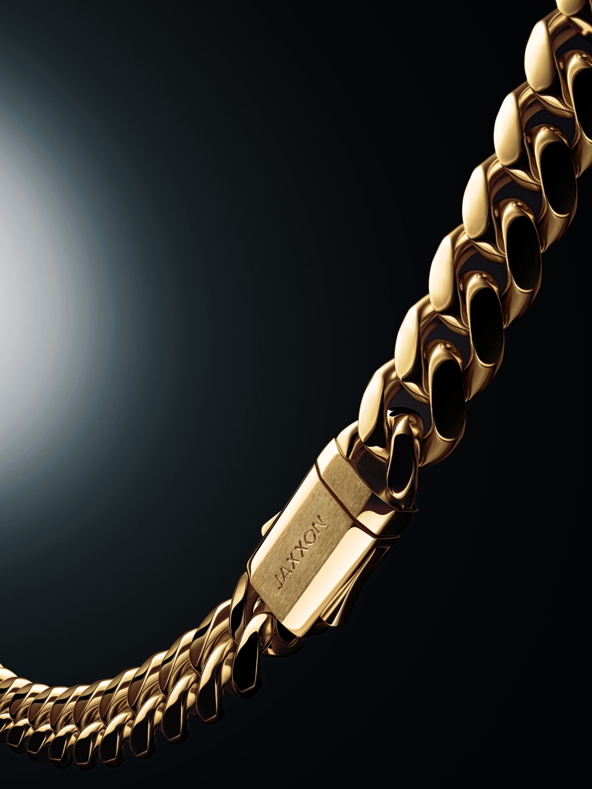 Close-up of the 8mm gold Cuban Link Chain and reinforced box clasp