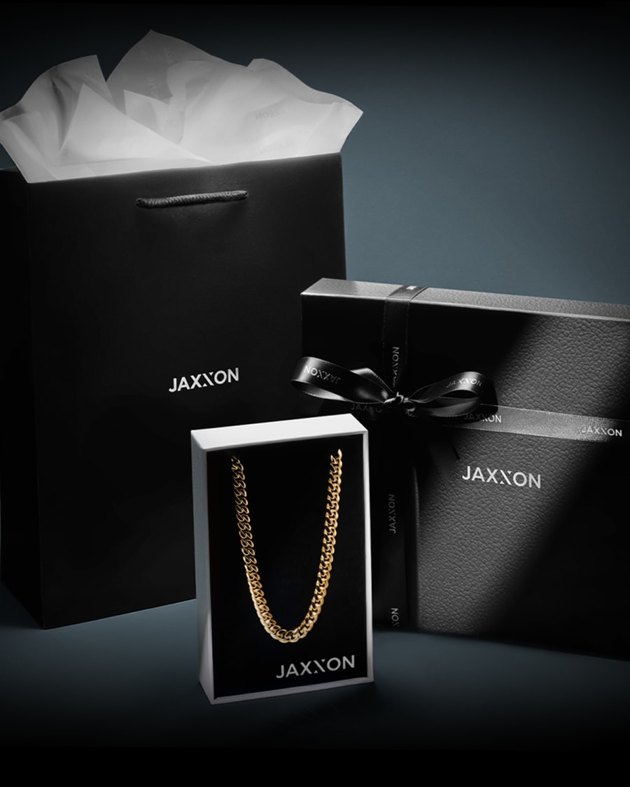 JAXXON gift box and bag with a gold Cuban Link Chain in signature packaging