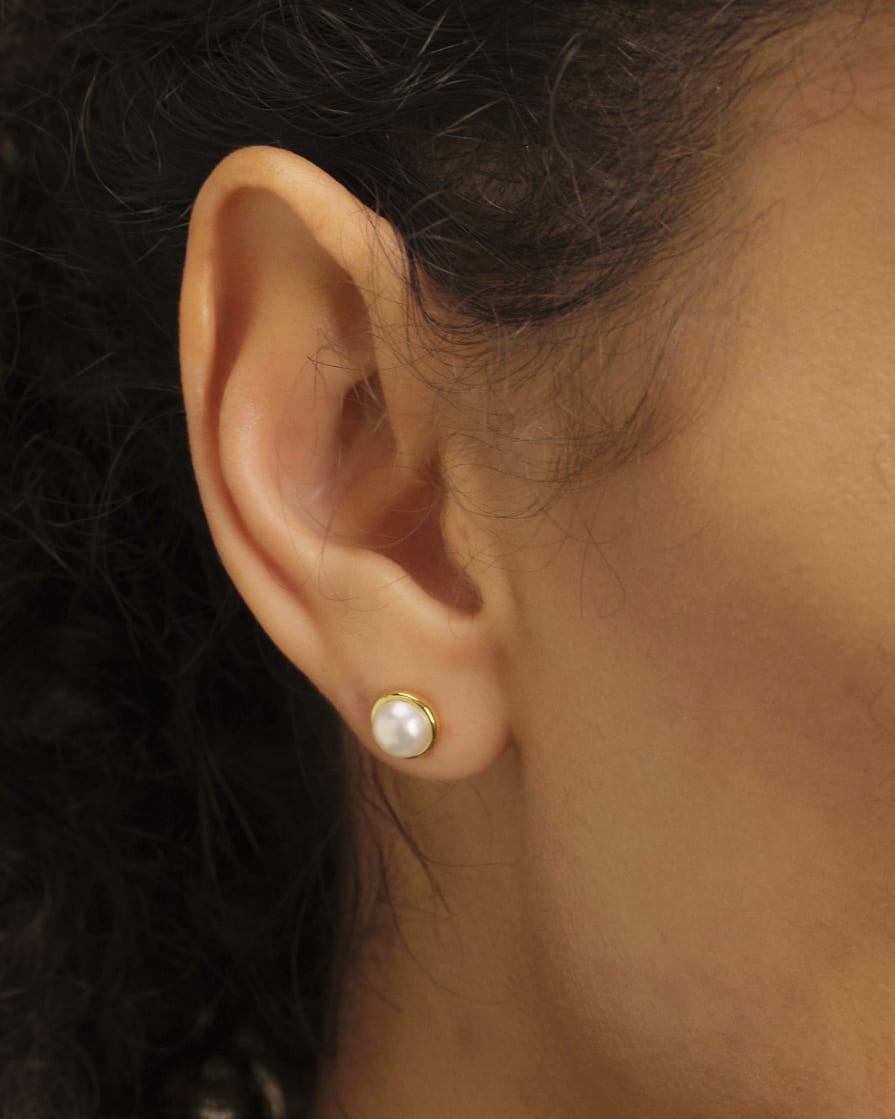 Bezeled Pearl Stud Earrings